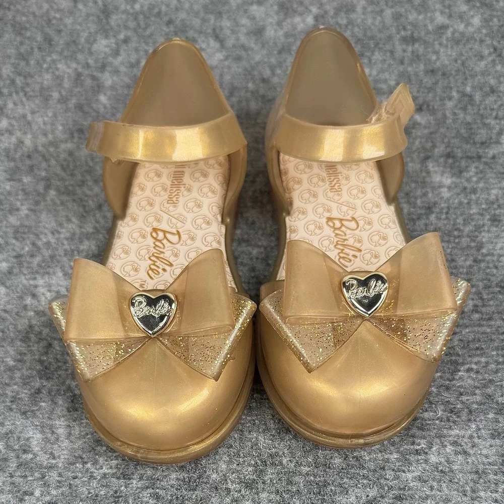 MINI MELISSA Barbie Girls Gold Jelly Bow Mary Jane Velcro Sandals Toddler 9